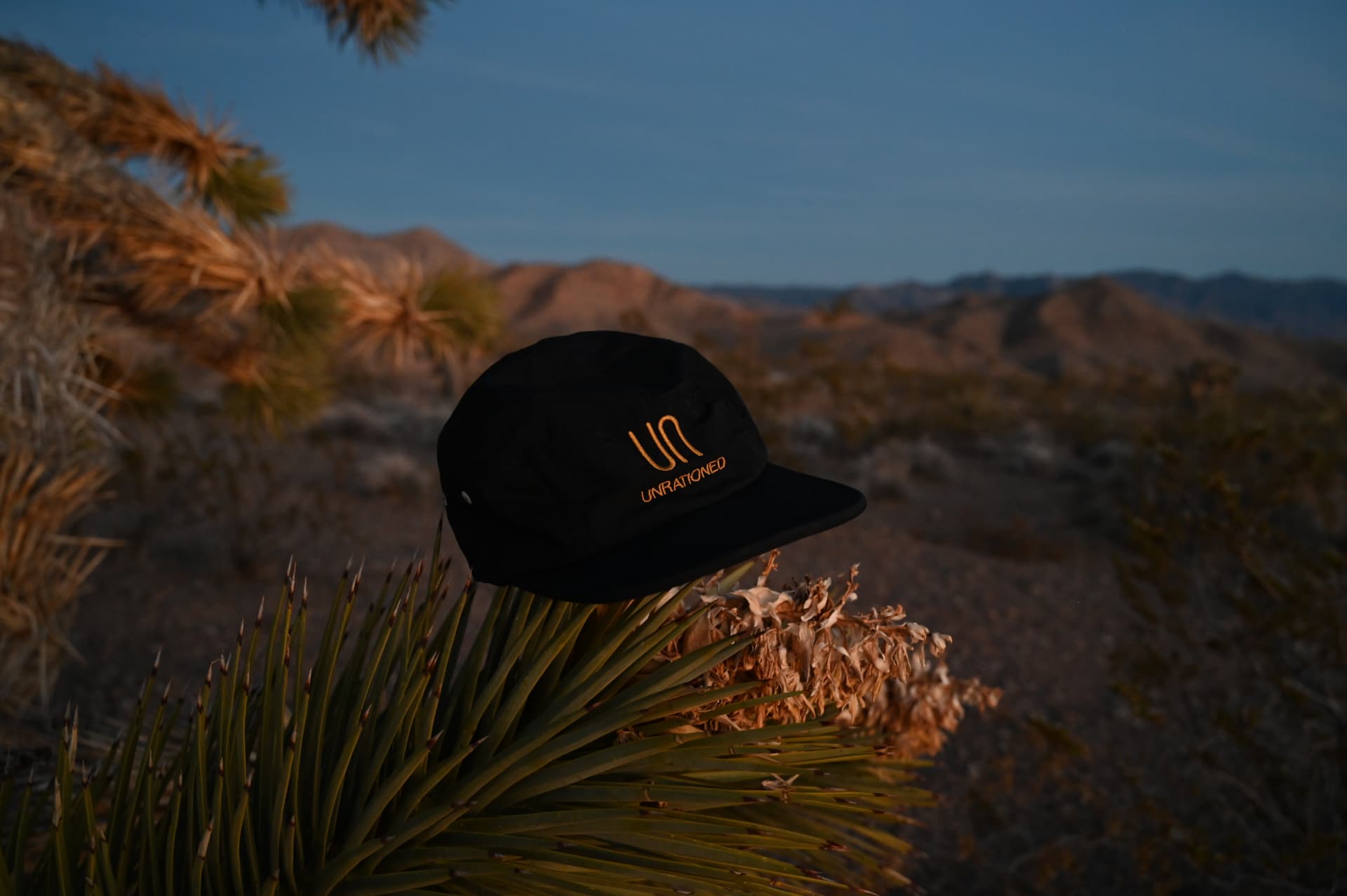 An Unrationed cap resting on a yucca in the Joshua Tree desert at last light